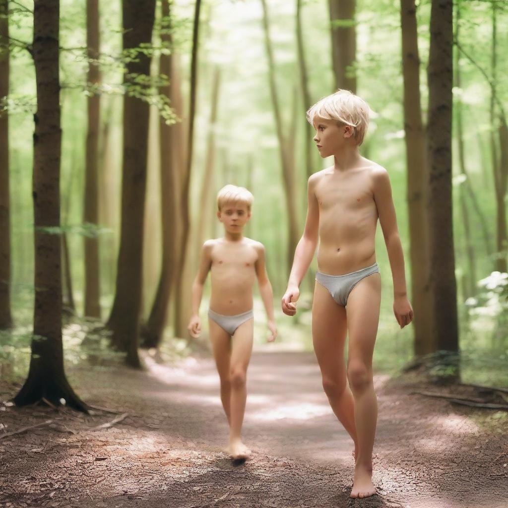 An athletic blonde boy wearing a thong bodysuit, walking in the woods