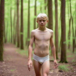 An athletic blonde boy wearing a thong bodysuit, walking in the woods