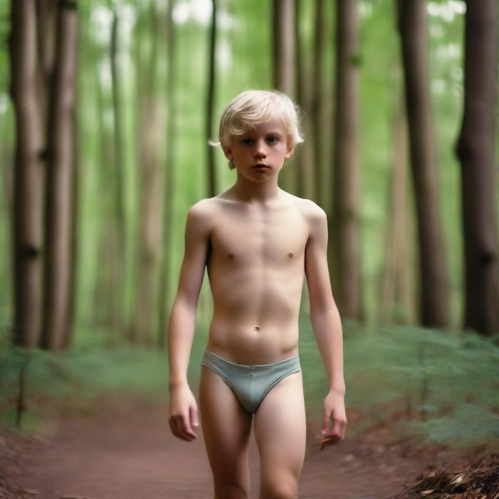 An athletic blonde boy wearing a thong bodysuit, walking in the woods