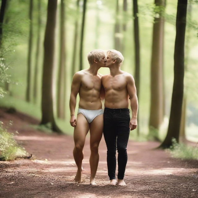 An athletic blonde boy wearing a thong bodysuit, walking in the woods and kissing his boyfriend