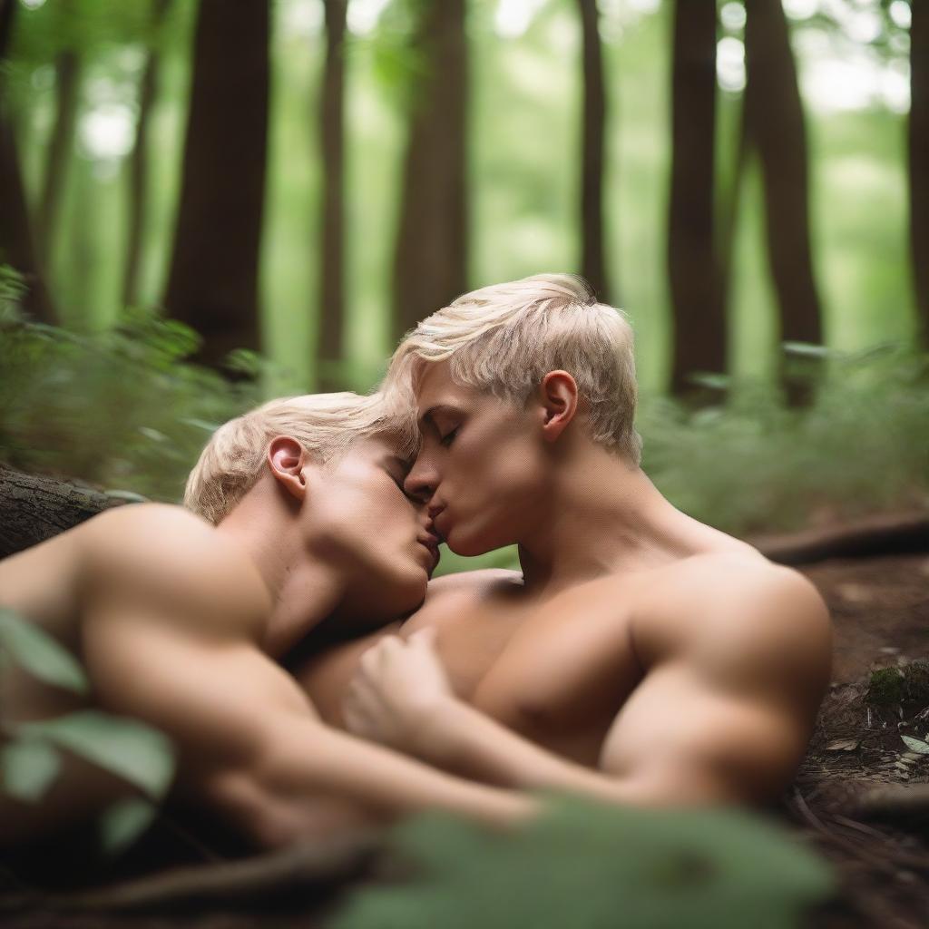 An athletic blonde boy wearing a thong bodysuit, laying in the woods and kissing his boyfriend