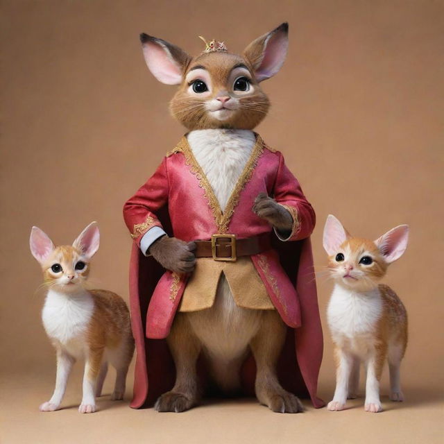 A meticulously detailed rendition of Bambi from the classic movie, and a fearless cat, both poised in a dynamic, non-violent stance, protectively guarding a regal piglet, who is decked out in royal attire.