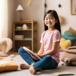 A 10-year-old Asian girl is sitting on the floor with her feet up