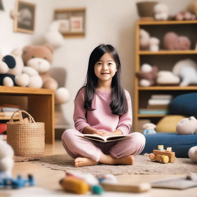 A 10-year-old Asian girl is sitting on the floor with her feet up