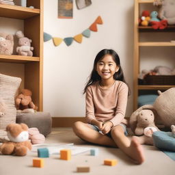 A 10-year-old Asian girl is sitting on the floor with her feet up