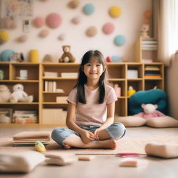 A 10-year-old Asian girl is sitting on the floor with her feet up