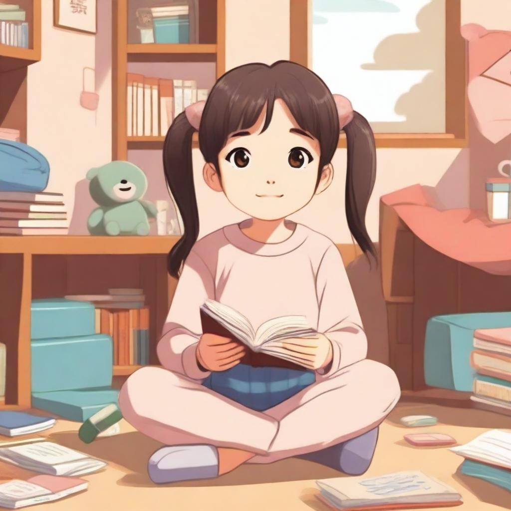 A 10-year-old Japanese girl with pigtails is sitting in a cozy room