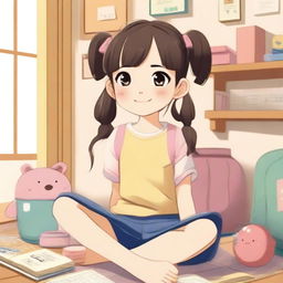 A 10-year-old Japanese girl with pigtails is sitting in a cozy room