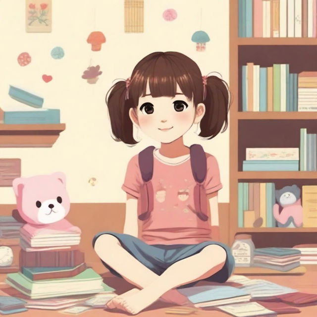 A 10-year-old Japanese girl with pigtails is sitting in a cozy room