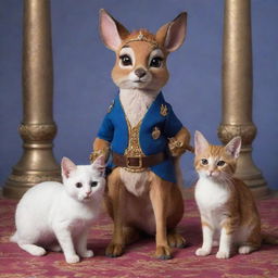 A meticulously detailed rendition of Bambi from the classic movie, and a fearless cat, both poised in a dynamic, non-violent stance, protectively guarding a regal piglet, who is decked out in royal attire.