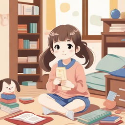 A 10-year-old Japanese girl with pigtails is sitting in a cozy room