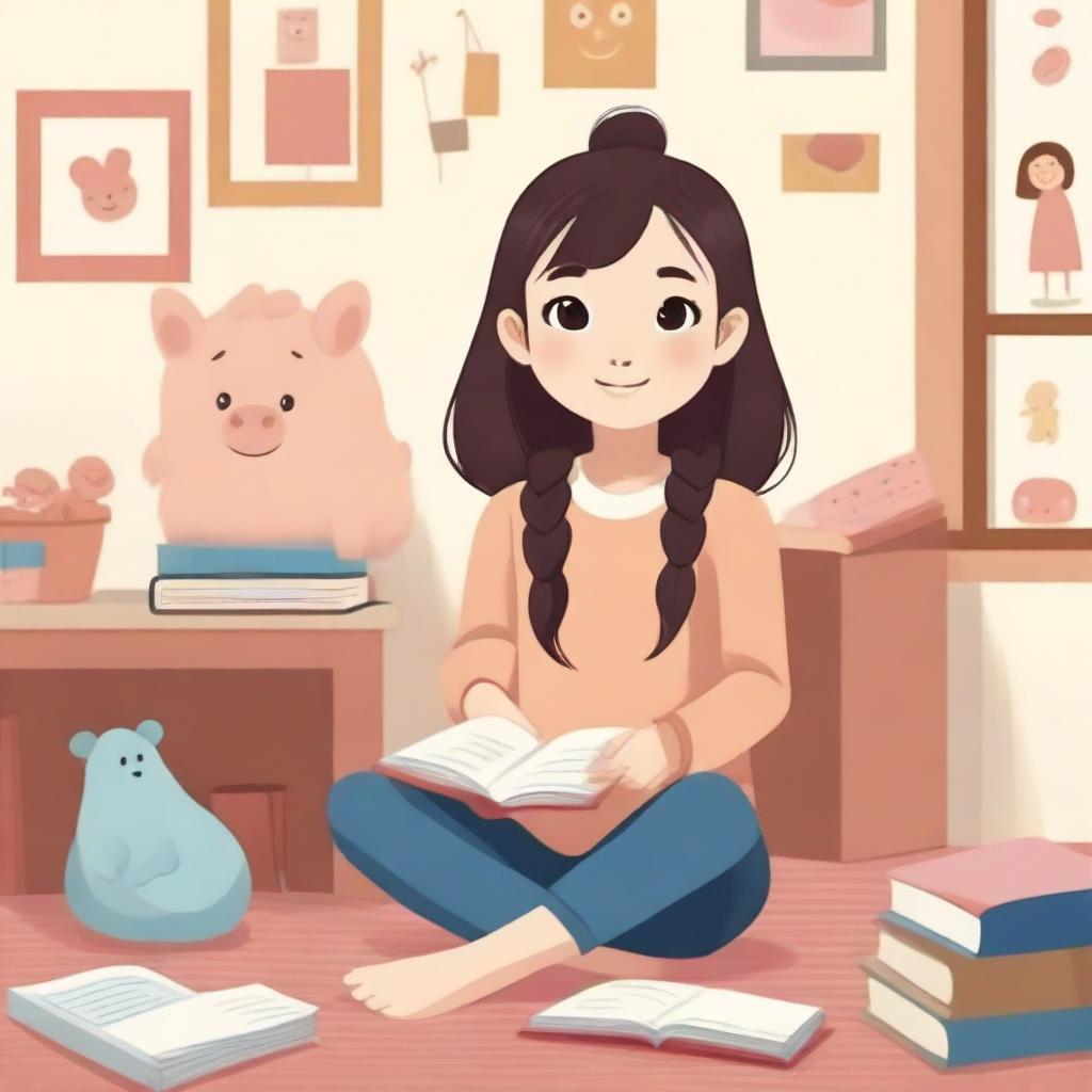 A 10-year-old Asian girl with pigtails is sitting in a cozy room