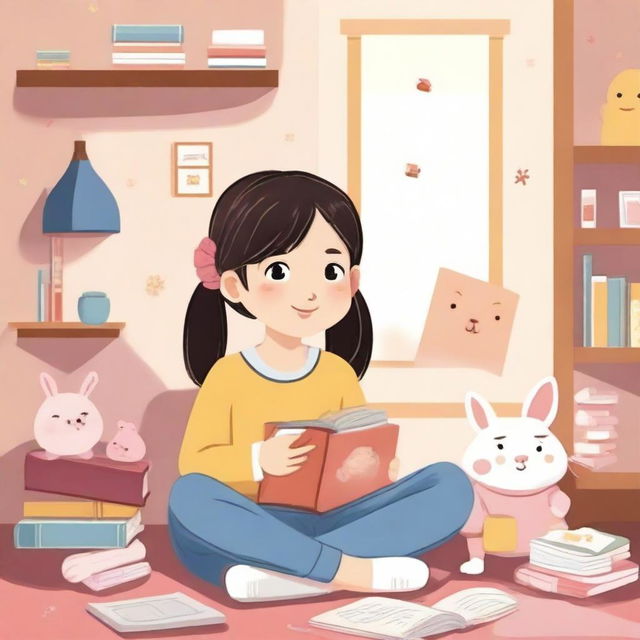 A 10-year-old Asian girl with pigtails is sitting in a cozy room