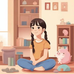 A 10-year-old Asian girl with pigtails is sitting in a cozy room