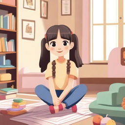 A 10-year-old Asian girl with pigtails is sitting in a cozy room