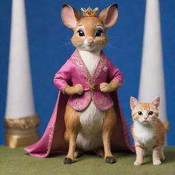 A meticulously detailed rendition of Bambi from the classic movie, and a fearless cat, both poised in a dynamic, non-violent stance, protectively guarding a regal piglet, who is decked out in royal attire.