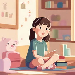 A 10-year-old Asian girl with pigtails is sitting in a cozy room