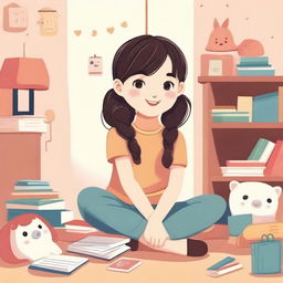 A 10-year-old Asian girl with pigtails is sitting in a cozy room