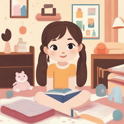 A 10-year-old Asian girl with pigtails is sitting in a cozy room