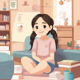 A 10-year-old Asian girl with pigtails is sitting in a cozy room