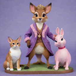 A meticulously detailed rendition of Bambi from the classic movie, and a fearless cat, both poised in a dynamic, non-violent stance, protectively guarding a regal piglet, who is decked out in royal attire.