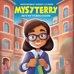 Create a book cover featuring a schoolgirl who is part of the Mystery Solvers Club in her school