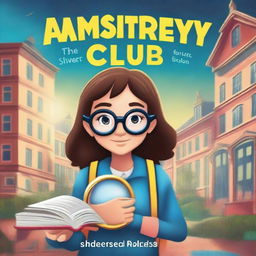 Create a book cover featuring a schoolgirl who is part of the Mystery Solvers Club in her school