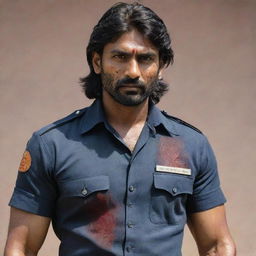 An Indian cop with long hair and a short beard. His uniform's sleeve is torn off, revealing his muscular arm. His outfit is smeared with blood, indicating he's been in a tough battle.