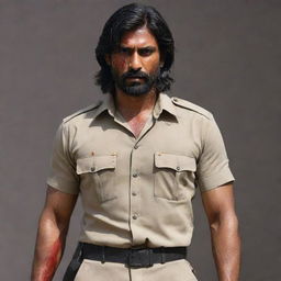 An Indian cop with long hair and a short beard. His uniform's sleeve is torn off, revealing his muscular arm. His outfit is smeared with blood, indicating he's been in a tough battle.