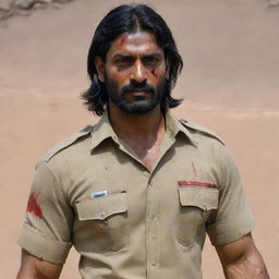 An Indian cop with long hair and a short beard. His uniform's sleeve is torn off, revealing his muscular arm. His outfit is smeared with blood, indicating he's been in a tough battle.