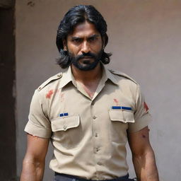 An Indian cop with long hair and a short beard. His uniform's sleeve is torn off, revealing his muscular arm. His outfit is smeared with blood, indicating he's been in a tough battle.