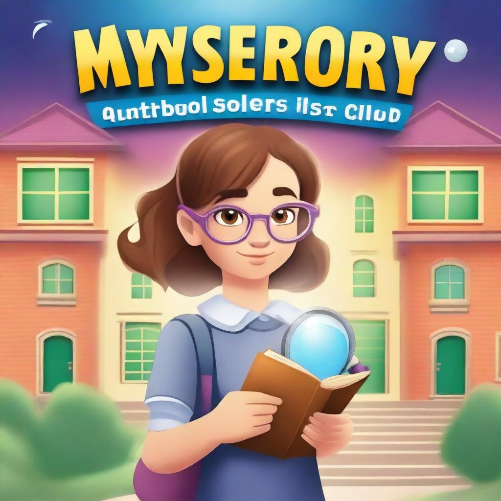 Create a book cover featuring a pretty schoolgirl who is part of the Mystery Solvers Club in her school