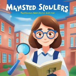 Create a book cover featuring a pretty schoolgirl who is part of the Mystery Solvers Club in her school