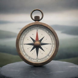 A compass with all cardinal directions faded, illustrating the concept of lost bearings on a backdrop of a sprawling misty landscape.