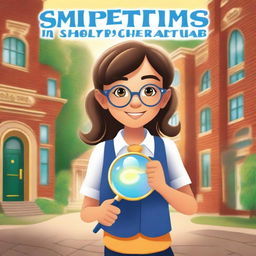 Create a book cover featuring a pretty schoolgirl who is part of the Mystery Solvers Club in her school