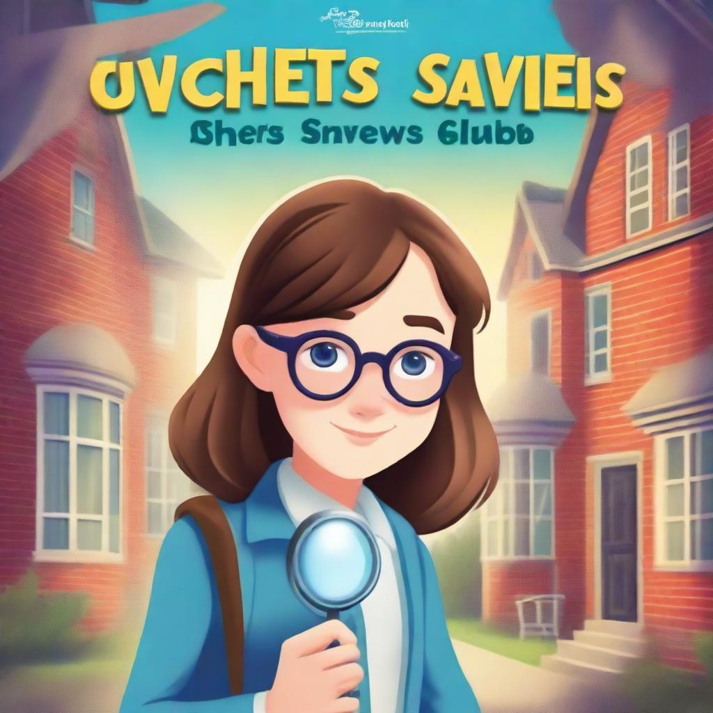 Create a book cover featuring a pretty schoolgirl who is part of the Mystery Solvers Club in her school