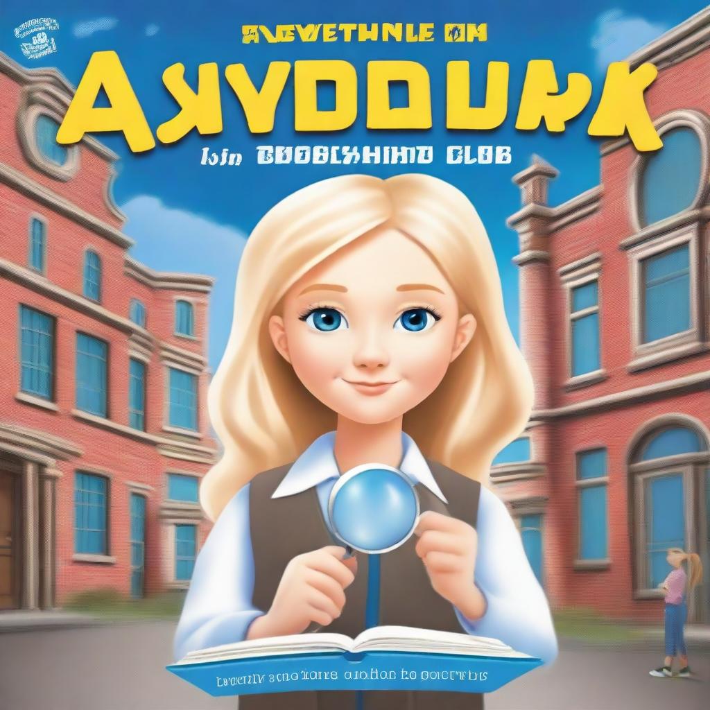 Create a book cover featuring a pretty blonde schoolgirl with blue eyes who is part of the Mystery Solvers Club in her school