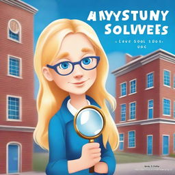 Create a book cover featuring a pretty blonde schoolgirl with blue eyes who is part of the Mystery Solvers Club in her school