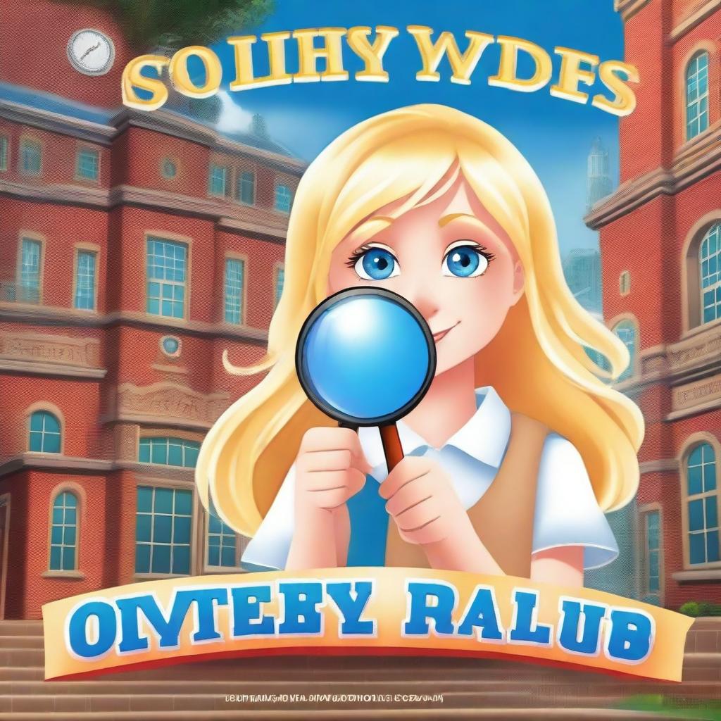 Create a book cover featuring a pretty blonde schoolgirl with blue eyes who is part of the Mystery Solvers Club in her school