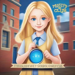 Create a book cover featuring a pretty blonde schoolgirl with blue eyes who is part of the Mystery Solvers Club in her school