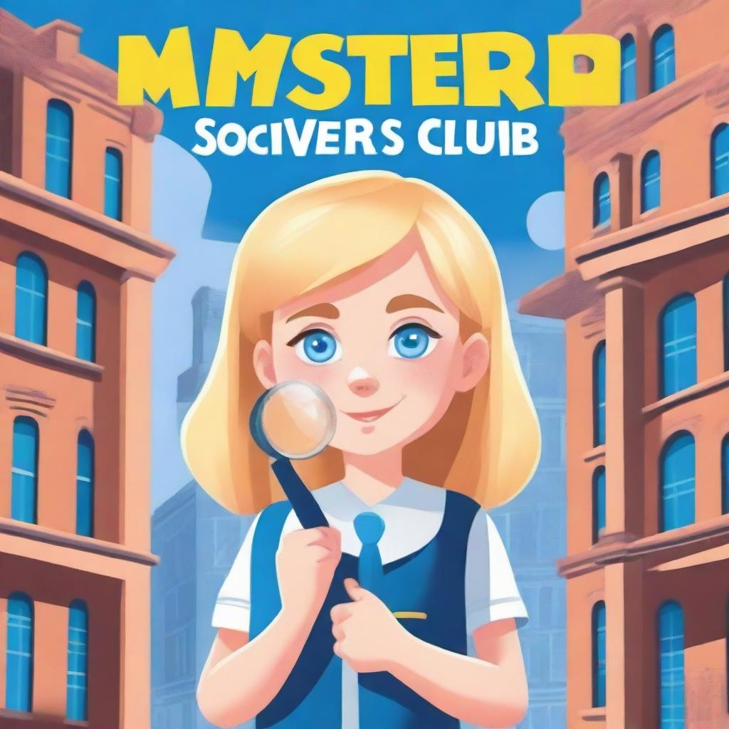 Create a book cover featuring a pretty blonde schoolgirl with blue eyes who is part of the Mystery Solvers Club in her school