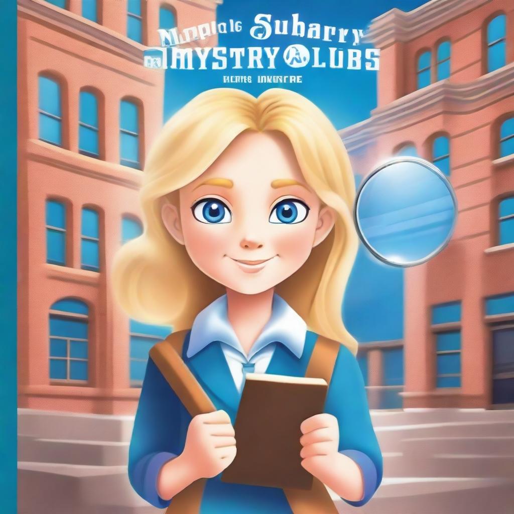 Create a book cover featuring a pretty blonde schoolgirl with blue eyes who is part of the Mystery Solvers Club in her school