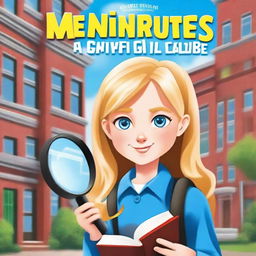 Create a book cover featuring a pretty blonde schoolgirl with blue eyes who is part of the Mystery Solvers Club in her school