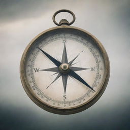 A compass with all cardinal directions faded, illustrating the concept of lost bearings on a backdrop of a sprawling misty landscape.