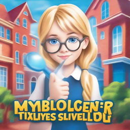 Create a book cover featuring a pretty blonde schoolgirl with blue eyes who is part of the Mystery Solvers Club in her school