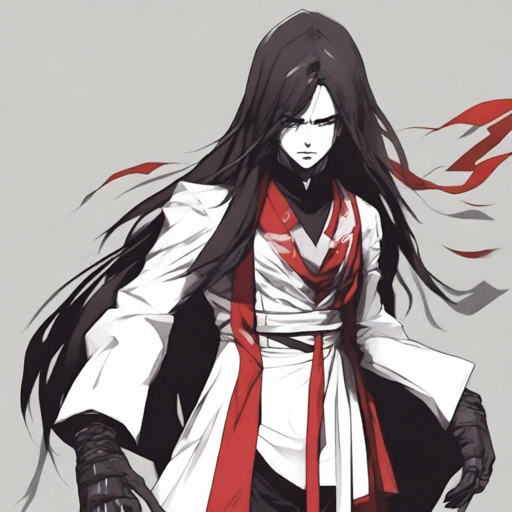 A character in an intimidating pose, wearing black, white, and red clothing