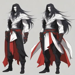 A character in an intimidating pose, wearing black, white, and red clothing