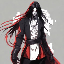 A character in an intimidating pose, wearing black, white, and red clothing