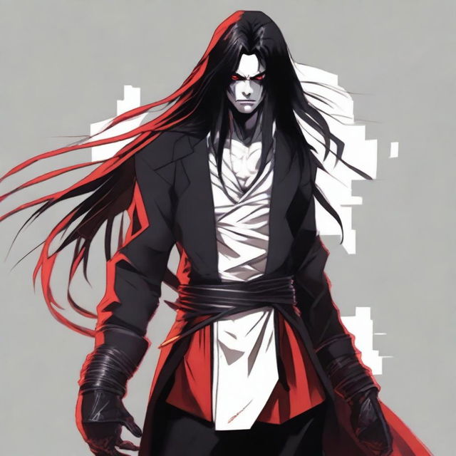 A character in an intimidating pose, wearing black, white, and red clothing