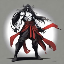 A character in an intimidating pose, wearing black, white, and red clothing